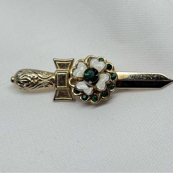 Vintage Coro Sword Brooch with Enamel Flower and Green Rhines Circa 1960s - Picture 1 of 5